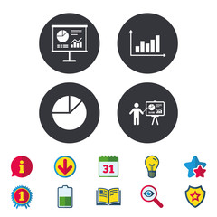 Diagram graph Pie chart icon. Presentation billboard symbol. Supply and demand. Man standing with pointer. Calendar, Information and Download signs. Stars, Award and Book icons. Vector