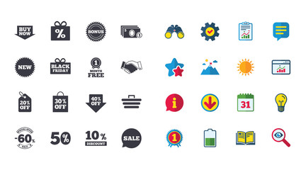 Set of Shopping, Sale and Discounts icons. Gift box, Deal and Shopping cart signs. Special offer symbols. Calendar, Report and Browser window signs. Stars, Service and Download icons. Vector