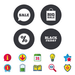 Sale speech bubble icon. Discount star symbol. Black friday sign. Big sale shopping bag. Calendar, Information and Download signs. Stars, Award and Book icons. Light bulb, Shield and Search. Vector