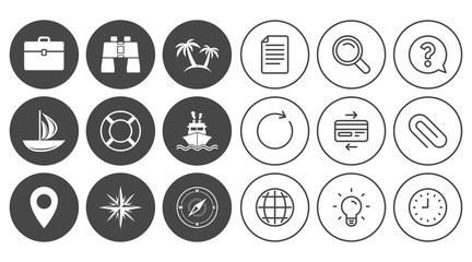 Cruise trip, ship and yacht icons. Travel, cocktails and palm trees signs. Sunglasses, windrose and swimming symbols. Document, Globe and Clock line signs. Lamp, Magnifier and Paper clip icons