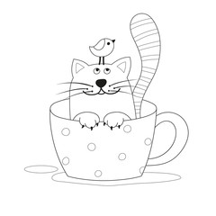 Cute cat in a dotted cup. Black and white vector illustration in a hand-drawn style.