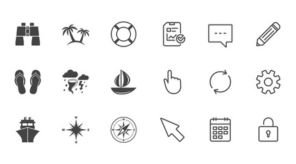 Cruise trip, ship and yacht icons. Travel, lifebuoy and palm trees signs. Binoculars, windrose and storm symbols. Chat, Report and Calendar line signs. Service, Pencil and Locker icons. Vector