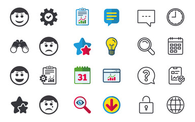 Circle smile face icons. Happy, sad, cry signs. Happy smiley chat symbol. Sadness depression and crying signs. Chat, Report and Calendar signs. Stars, Statistics and Download icons. Vector
