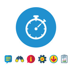 Timer sign icon. Stopwatch symbol. Information, Report and Speech bubble signs. Binoculars, Service and Download icons. Vector