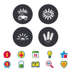 Tractor icons. Wreath of Wheat corn signs. Agricultural industry transport symbols. Calendar, Information and Download signs. Stars, Award and Book icons. Light bulb, Shield and Search. Vector