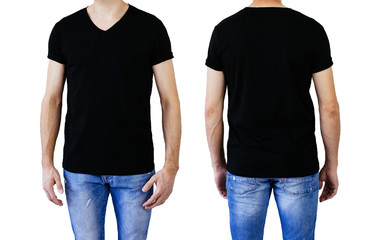 Shirt design and people concept - closeup of young man in blank V-neck short sleeve black tshirt...
