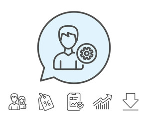 User settings line icon. Profile Avatar with cogwheel sign. Male Person silhouette symbol. Report, Sale Coupons and Chart line signs. Download, Group icons. Editable stroke. Vector