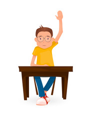 Boy sits at the Desk and pulls his hand. Back to school. Cartoon style.