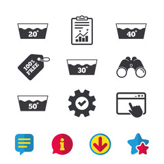 Wash icons. Machine washable at 20, 30, 40 and 50 degrees symbols. Laundry washhouse signs. Browser window, Report and Service signs. Binoculars, Information and Download icons. Stars and Chat. Vector