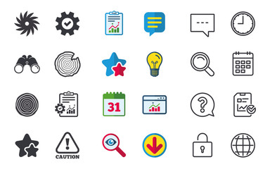 Wood and saw circular wheel icons. Attention caution symbol. Sawmill or woodworking factory signs. Chat, Report and Calendar signs. Stars, Statistics and Download icons. Question, Clock and Globe