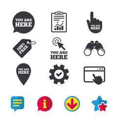 You are here icons. Info speech bubble symbol. Map pointer with your location sign. Hand cursor. Browser window, Report and Service signs. Binoculars, Information and Download icons. Stars and Chat