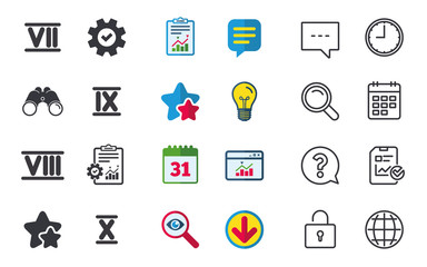 Roman numeral icons. 7, 8, 9 and 10 digit characters. Ancient Rome numeric system. Chat, Report and Calendar signs. Stars, Statistics and Download icons. Question, Clock and Globe. Vector