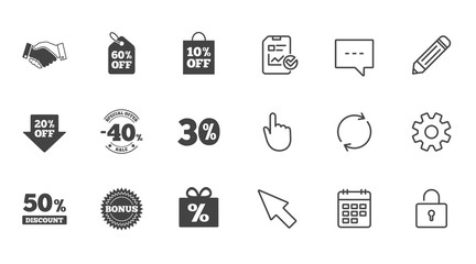 Sale discounts icon. Shopping, handshake and bonus signs. 20, 30, 40 and 50 percent off. Special offer symbols. Chat, Report and Calendar line signs. Service, Pencil and Locker icons. Vector