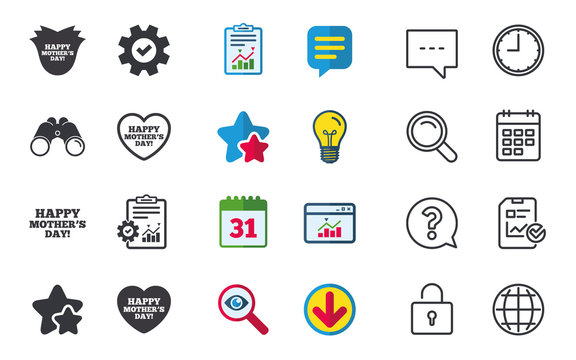 Happy Mothers's Day icons. Mom love heart symbols. Flower rose sign. Chat, Report and Calendar signs. Stars, Statistics and Download icons. Question, Clock and Globe. Vector
