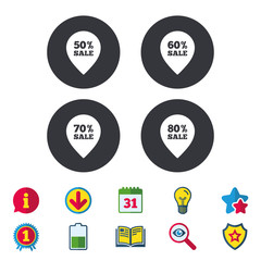 Sale pointer tag icons. Discount special offer symbols. 50%, 60%, 70% and 80% percent sale signs. Calendar, Information and Download signs. Stars, Award and Book icons. Light bulb, Shield and Search