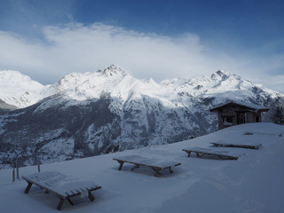 Alpine mountain view in europe winter snow