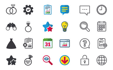 Wedding dress icon. Bride and groom rings symbol. Wedding or engagement day ring shine with diamond sign. Will you marry me? Chat, Report and Calendar signs. Stars, Statistics and Download icons