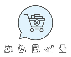 Remove Shopping cart line icon. Online buying sign. Supermarket basket symbol. Report, Sale Coupons and Chart line signs. Download, Group icons. Editable stroke. Vector