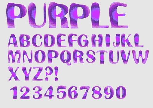 Alphabet purple mosaic texture design, uppercase letters, numbers, question and exclamation mark