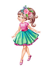 watercolor illustration, girl in pink top and green skirt, cute little coquette, ballerina, isolated on white background