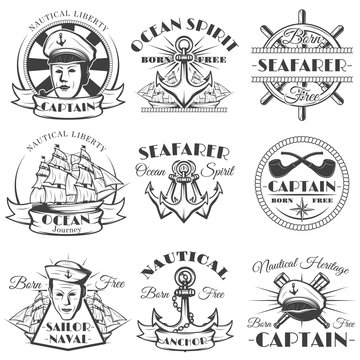 Sailor naval vector vintage label, badge, or emblem in monochrome style.