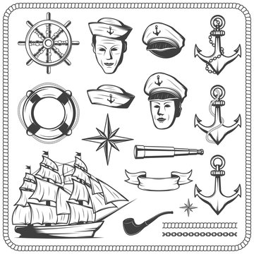 Vintage sailor naval icon set in monochrome style illustration