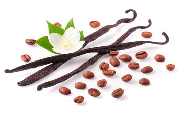 Vanilla sticks and coffee beans with flower isolated on white background