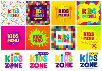 Kids Menu and Kids Zone banner design big set. Children Playground. Colorful logos. Vector illustration. Isolated on white background.