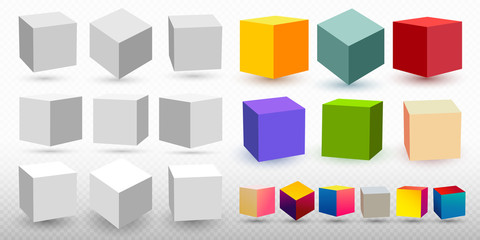 Set of Cube icon set with perspective 3d model of a cube. Vector illustration. Isolated on transparent background