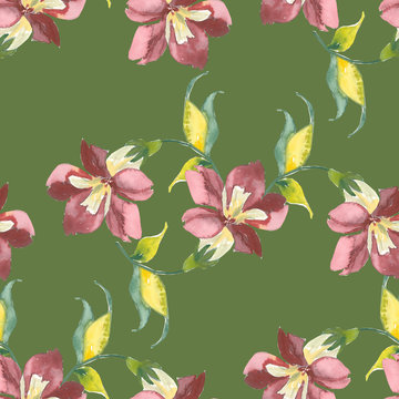 Summer flowers, seamless pattern, watercolor hand painting