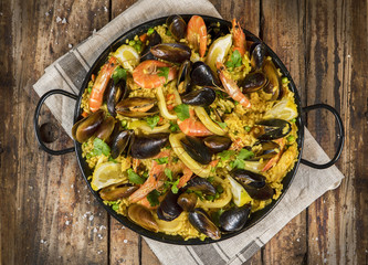 Classic  paella in a pan