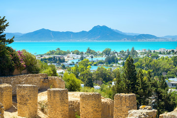 Ruines antiques de Carthage et paysage balnéaire. Tunis, Tunisie, Afrique