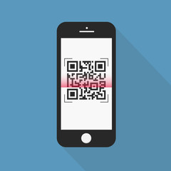 Flash Design with long shadow the smart phone with  QR code  on screen. The concept is QR code Scan on Smart Phone ,vector design Element illustration