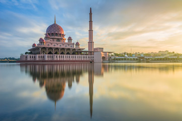 Reflection of Putra Mosque, Putrajaya Malaysia during sunrise
