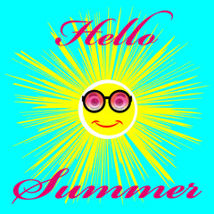 Summer image with sun isolated on color background. Vector illustration.