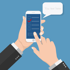 Flash Design style Human hand holding Smartphone with voting application on screen  ,vector design Element illustration