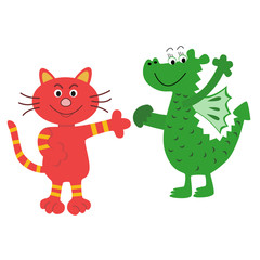Cat and dragon. Cartoon illustration.