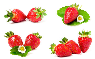 Obraz na płótnie Canvas Strawberry with leaves and flowers isolated on white background. Collection or set