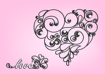 black calligraphic heart and love word on the pink background horizontal