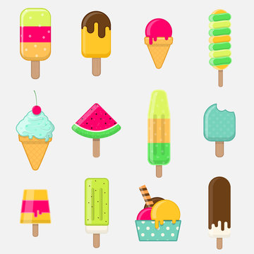 Set of colorful ice cream on stick with different toppings