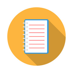 Notebook circle icon with long shadow. Flat design style. Notepad simple silhouette. Modern, minimalist, round icon in stylish colors. Web site page and mobile app design vector element.