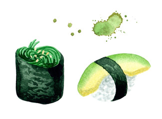 sushi, watercolor nigiri and gunkan maki with algae chuka and avocado