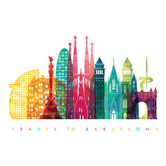 Barcelona skyline detailed silhouette. Travel and tourism background. - obrazy, fototapety, plakaty