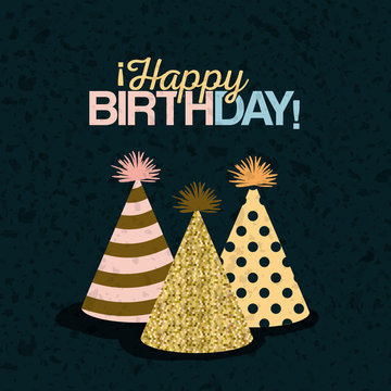 color dark green background with paint stains and set party hats with text happy birthday vector illustration