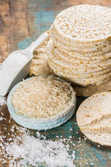 Healthy puffed rice cakes crackers stacked with sea salt