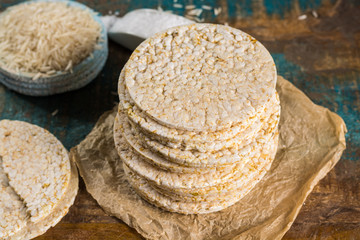 Healthy puffed rice cakes crackers stacked with sea salt