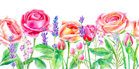 Seamless border of a roses and lavender.Briar and herbs.Image for fabric, paper and other printing and web projects.Watercolor hand drawn illustration.White background.