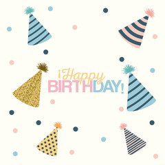 Obraz premium white dotted background with decorative party hat sets and text happy birthday in the center vector illustration