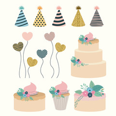 white background with set elements to party happy birthday vector illustration