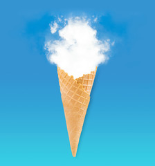 Empty or blank ice cream crispy wafer cone with white cloud vapour over blue sky and green background, summer concept